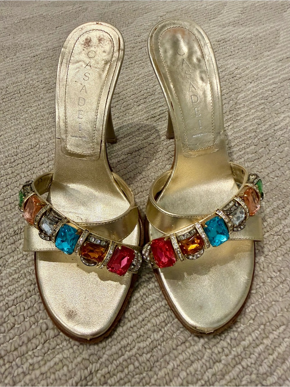 Casadei Gold Jeweled Slide Mules with Multicolor Gem Accents